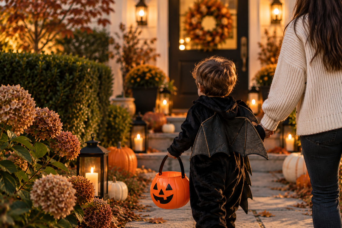 Child in a comfortable bat costume holding a parent's hand while trick-or-treating at a warmly decorated autumn home